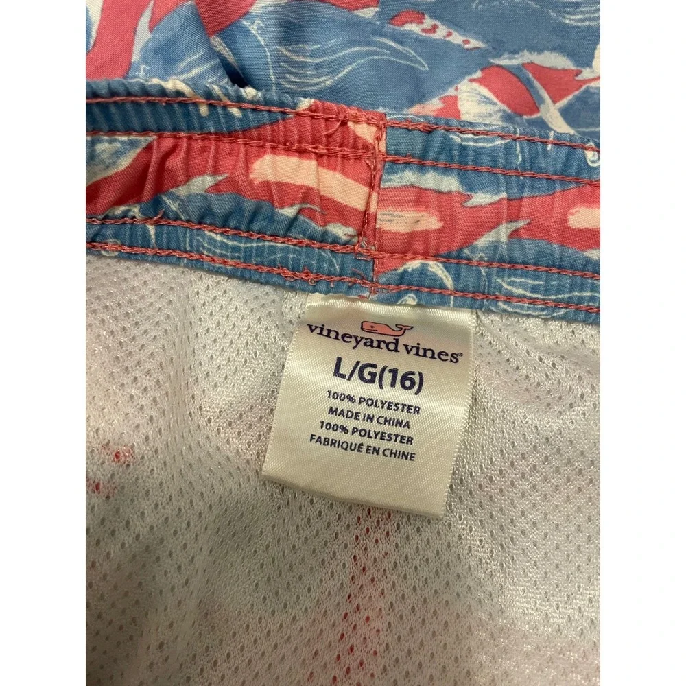 Vineyard Vines Swim Trunks Boys L (16) Pink Blue Fish Print Excellent Nautical